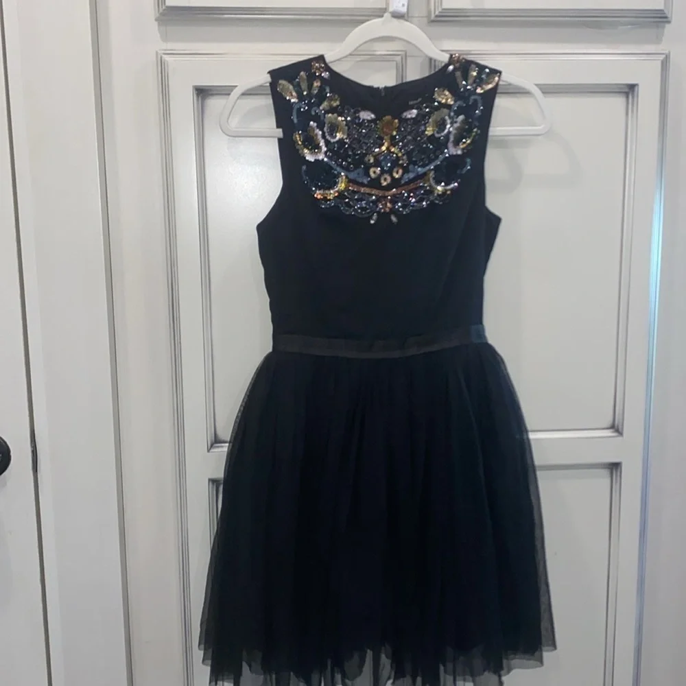 Needle & Thread Black Folk sequins cocktail dress  Embellished Tulle skirt 2